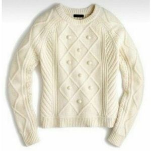 NWT J Crew Hawthorne Wool cable knit sweater size L Pullover Cream poms F9327